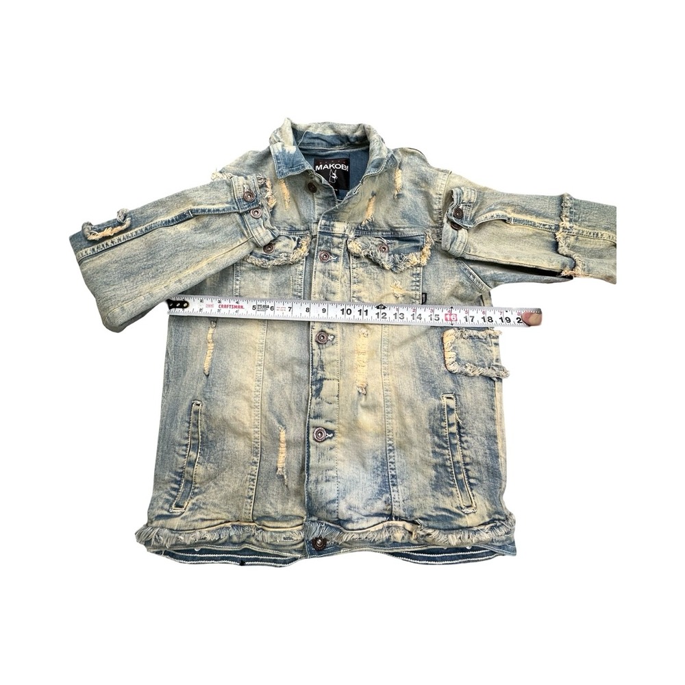 Makobi Denim Jacket Mens XL Blue Distressed Frayed Premium Cotton Trucker Coat - Picture 9 of 12
